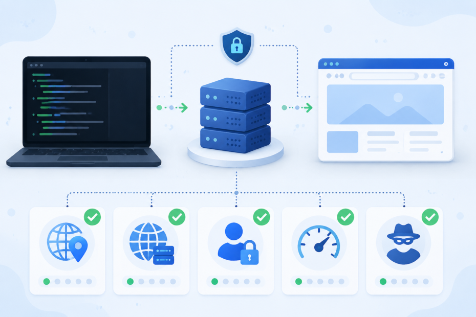 Proxy checker workflow showing IP, DNS, authentication, latency, and anonymity checks Proxy checker workflow showing IP, DNS, authentication, latency, and anonymity checks