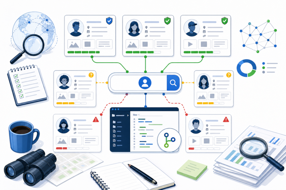 Username search workflow showing public profile matches, confidence checks, and false positive review Username search workflow showing public profile matches, confidence checks, and false positive review