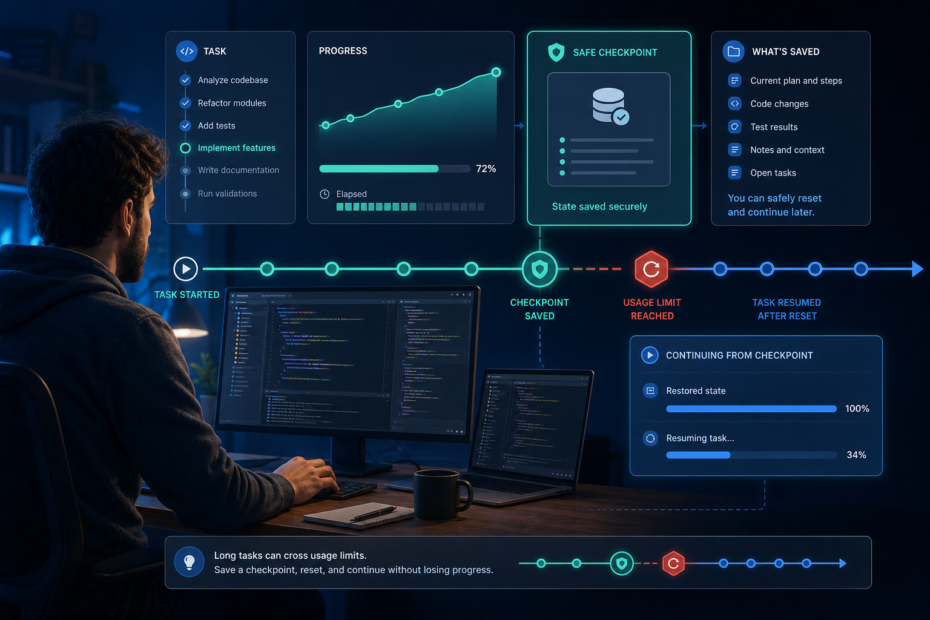 Developer workflow with a Codex task checkpoint, usage-limit boundary, and safe resume path